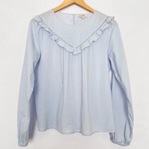Loft Ruffle Long Sleeve Blouse Cotton Sheer Cottagecore Prairie Size Small Blue